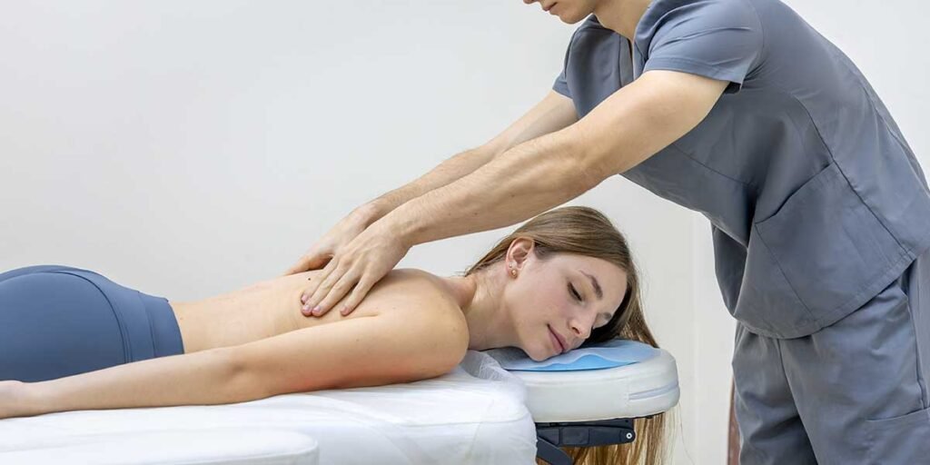 A therapist treats a woman's back, highlighting the choice between targeted rehabilitation physiotherapy and relaxing muscle massage therapy.